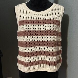 Greige Crochet Sweater Vest Womens XL Cream Brown Striped Cotton Tie Back‎ Boho